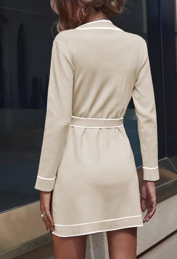 Pink Queen Women's V Neck Long Sleeve Mini Dress Elegant Button Down Open Front Color Block Knit Sweater Cardiagns with Belt