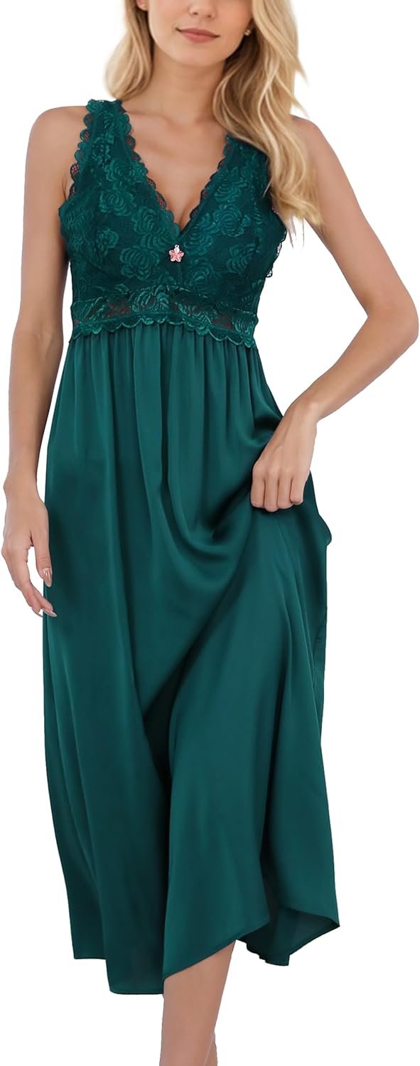 Womens Nightgown Long Sexy Silky V neck Chemise Lace Sleeveless Sleepwear for women Elegant