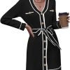 Pink Queen Women's V Neck Long Sleeve Mini Dress Elegant Button Down Open Front Color Block Knit Sweater Cardiagns with Belt