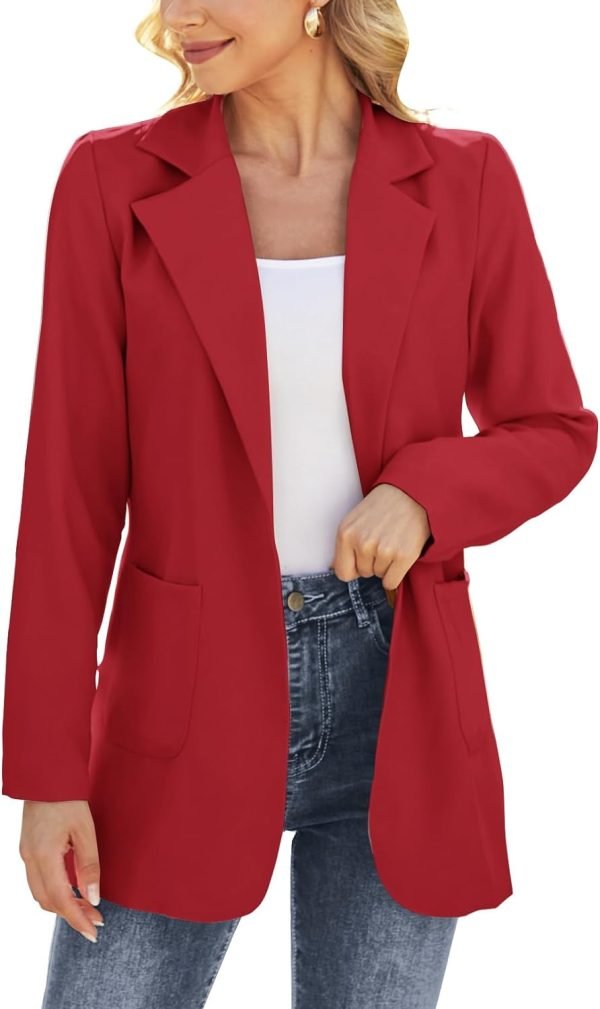 Women Open Front Blazers Long Sleeve Casual OL Office Slim Buttonless Suit Jacket with Pockets