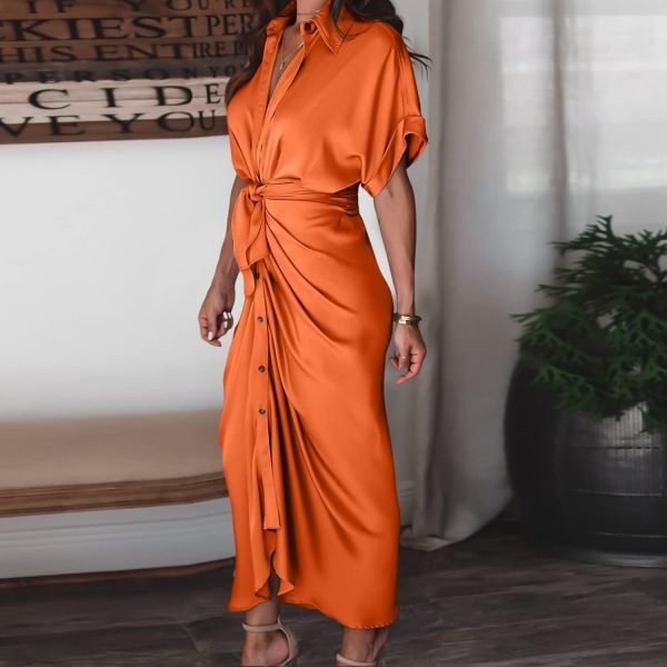 61WbqLQMwsL._AC_SL1500 Women's Short Sleeve Satin Dress Button Down with Belt Maxi Shirt Dresses