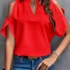 Women's Cold Shoulder Tops Summer Fashion Short Sleeve V Neck Casual Loose Solid Color Blouse Shirts
