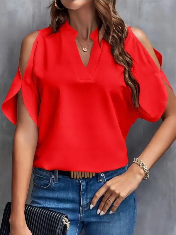 Women's Cold Shoulder Tops Summer Fashion Short Sleeve V Neck Casual Loose Solid Color Blouse Shirts