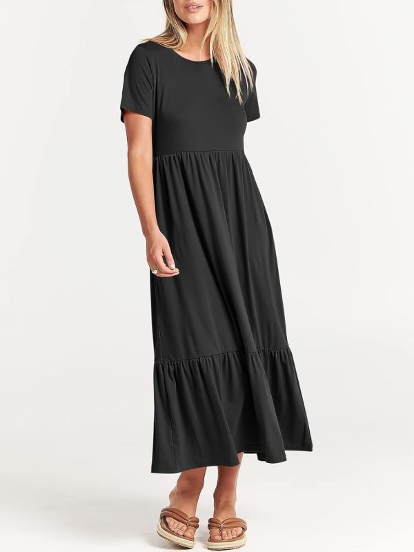 Women's Summer Casual Short Sleeve Crewneck Swing Dress Flowy Tiered Maxi Beach Dress with Pockets