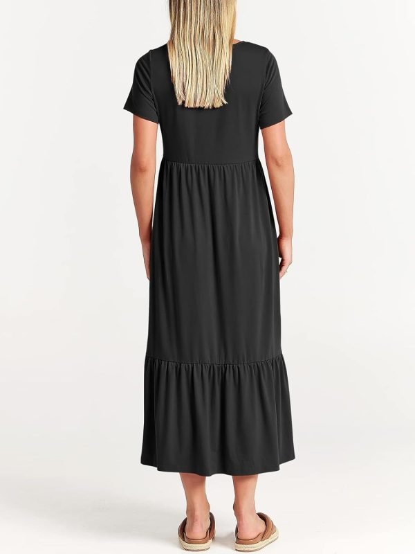 Women's Summer Casual Short Sleeve Crewneck Swing Dress Flowy Tiered Maxi Beach Dress with Pockets