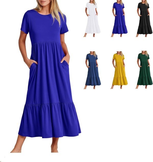 61ZsoSgArRL._AC_SL1500 Womens Summer Dresses Casual Short Sleeve Crewneck Swing Dress Casual Tiered t Shirt Dress with Pockets 2024 Trendy Outfits