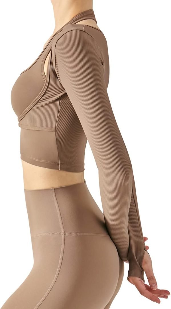 Women's Stretch Cutout Yoga Sports Jacket Long Sleeve Crop Top T Shirts with Thumb Holes