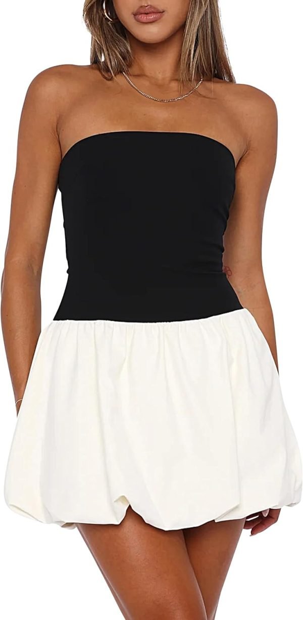 Women Strapless Tube Top Dress Bubble Skirt Cute Summer Mini Short Dresses Bandeau Corset Dress Casual