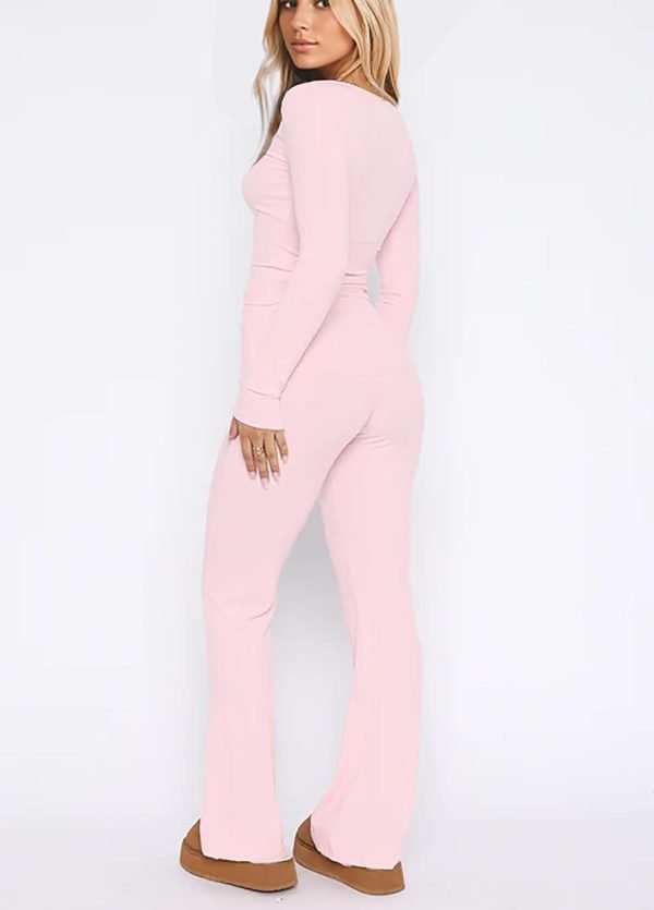 Women Ribbed Knit Yoga Lounge Set V Neck Long Sleeve Button Crop Tee Drawstring Pants Solid Slim Two Pieces Sets