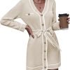 Pink Queen Women's V Neck Long Sleeve Mini Dress Elegant Button Down Open Front Color Block Knit Sweater Cardiagns with Belt