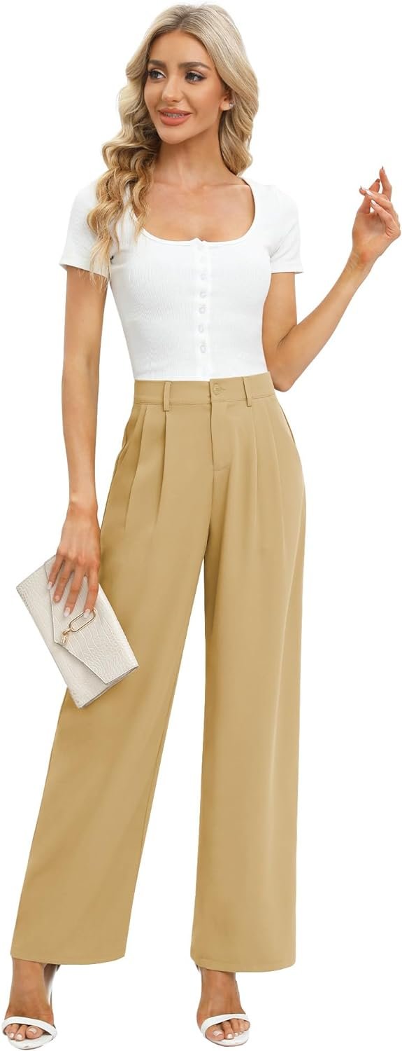 Women's Business Work Trousers High Waisted Wide Leg Pants Long Straight Suit Pants with Pocket