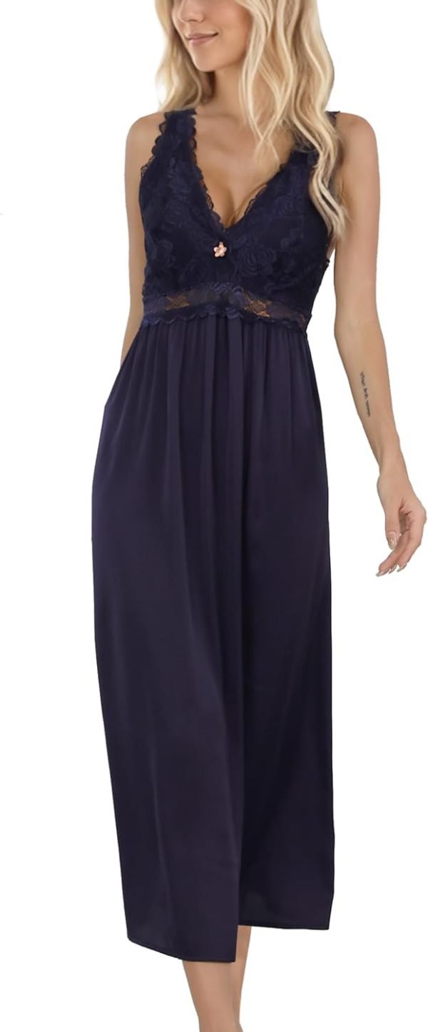Womens Nightgown Long Sexy Silky V neck Chemise Lace Sleeveless Sleepwear for women Elegant