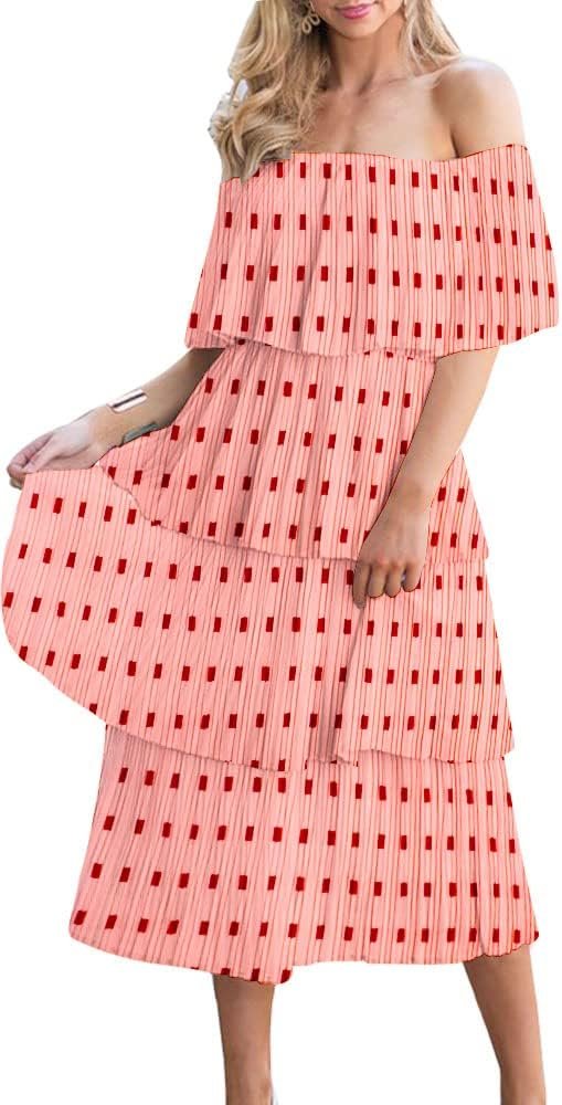 Women's Off The Shoulder Ruffles Summer Valentines Day Loose Casual Chiffon Long Party Beach Maxi Dress