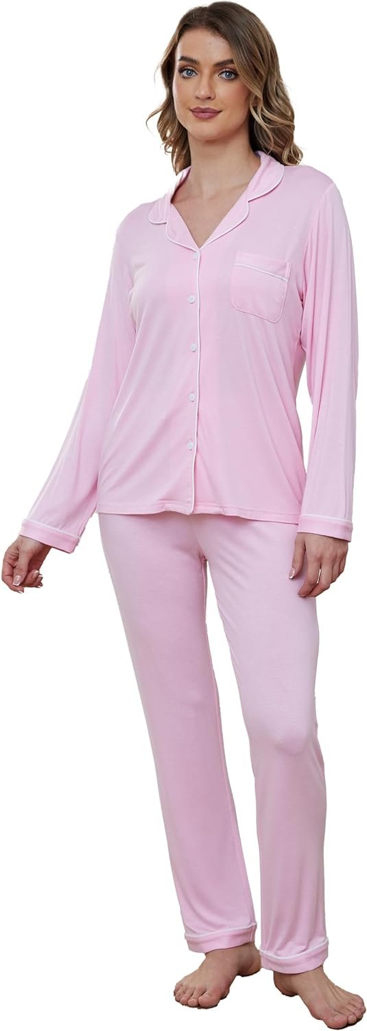 Button Up Pajamas for Women Long Sleeve Sleepwear Soft Loungewear Ladies Pjs Set XS-XXL