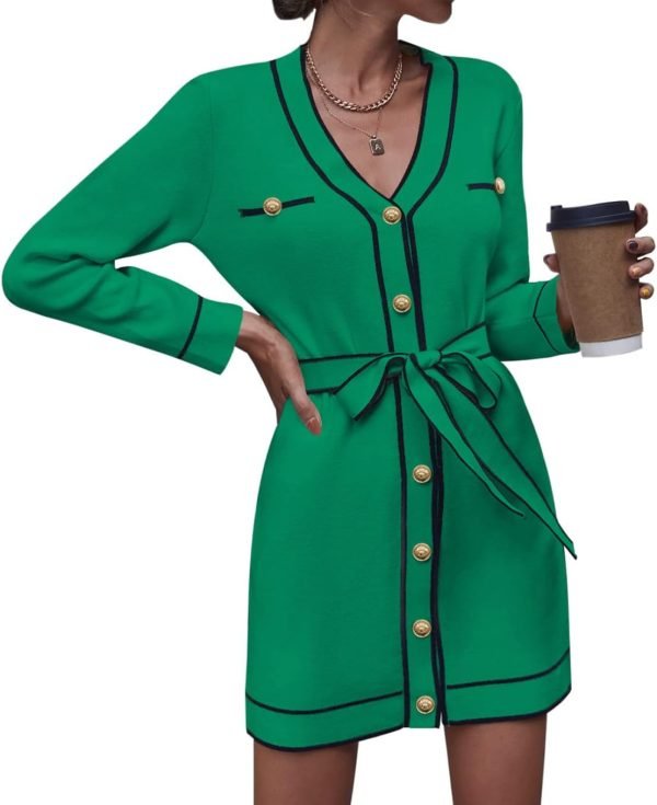 Pink Queen Women's V Neck Long Sleeve Mini Dress Elegant Button Down Open Front Color Block Knit Sweater Cardiagns with Belt