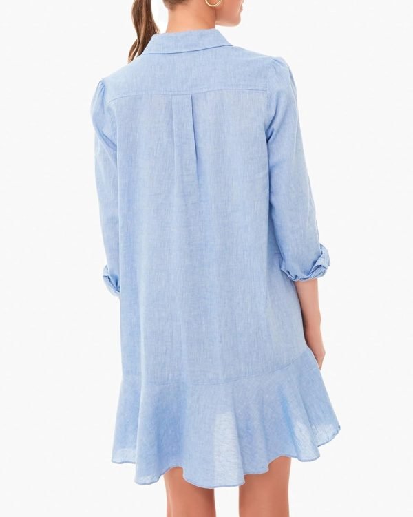Women's Tunic Mini Shirt Dress Cotton Long Sleeve Ruffle Hem Dress Button Up Shift Chambray Dresses