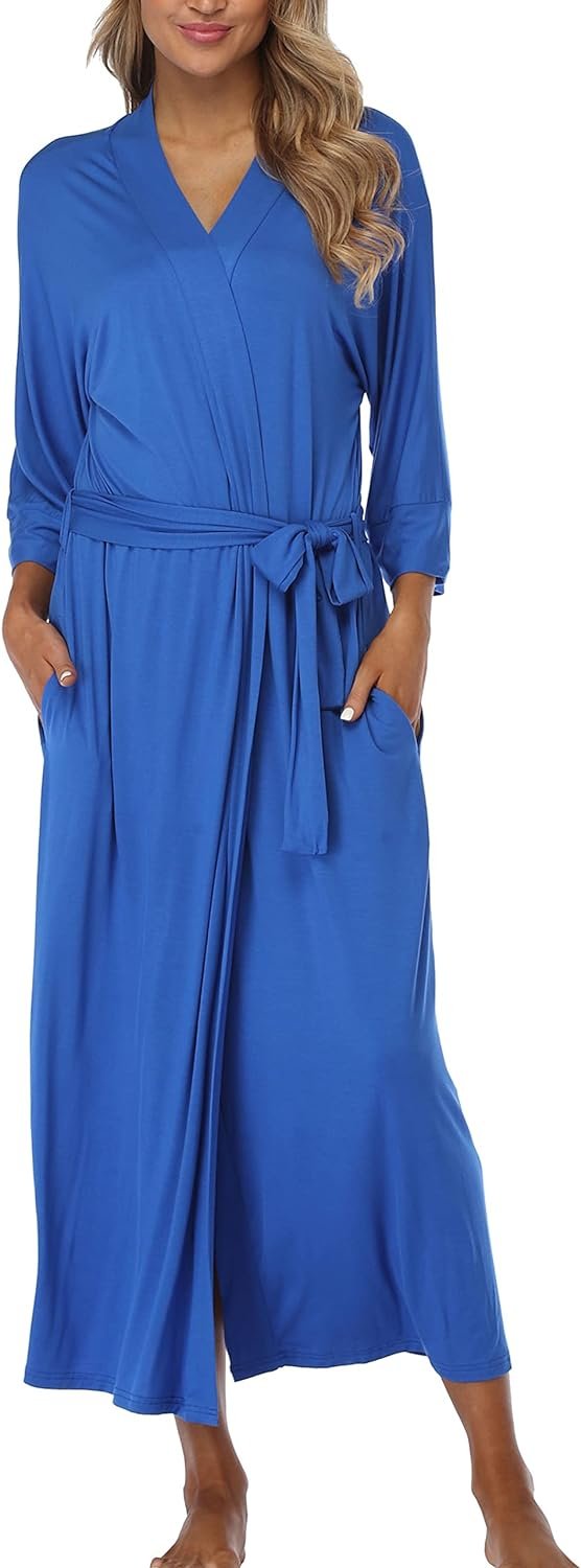 Womens Soft Long Kimono Robes Lightweight Full Length Knit Bathrobe With Pockets Ladies Casual Dressing Gown