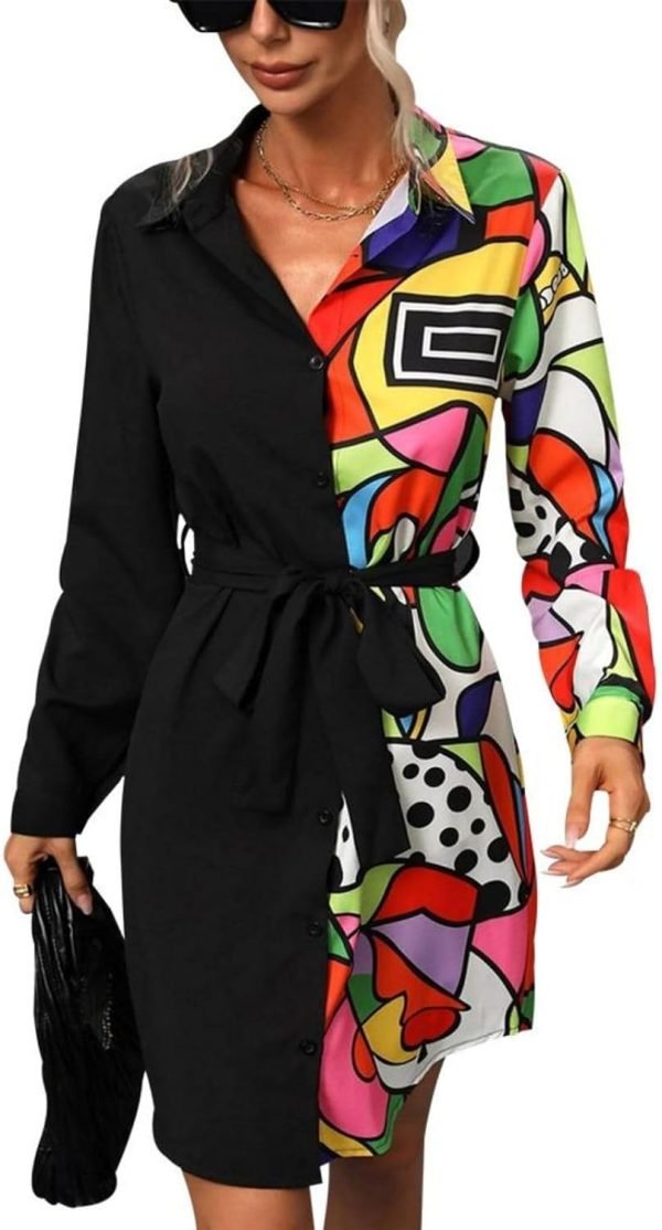 61fU7KAvYuL._AC_SL1500 Womens Button Down Shirt Dresses with Belt Button Up Tunics Long Sleeve Blouse Tops