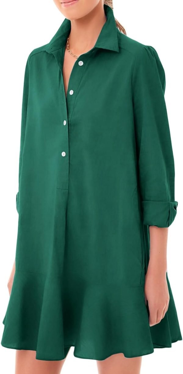 Women's Tunic Mini Shirt Dress Cotton Long Sleeve Ruffle Hem Dress Button Up Shift Chambray Dresses