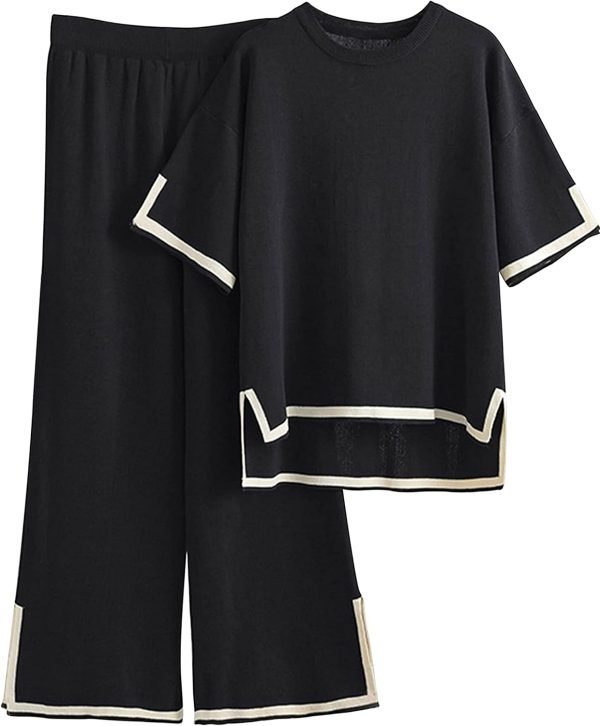 Womens Knit 2 Piece Sweater Sets Short Sleeve Pullover Tops Elastic Waist Wide Leg Pants Lounge Set