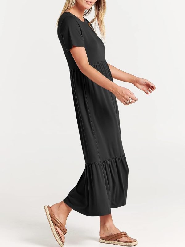 Women's Summer Casual Short Sleeve Crewneck Swing Dress Flowy Tiered Maxi Beach Dress with Pockets