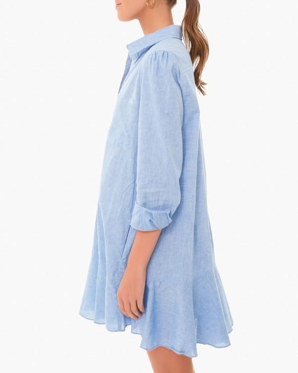 Women's Tunic Mini Shirt Dress Cotton Long Sleeve Ruffle Hem Dress Button Up Shift Chambray Dresses