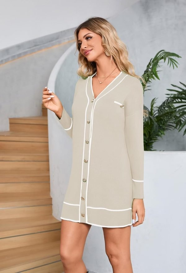 Pink Queen Women's V Neck Long Sleeve Mini Dress Elegant Button Down Open Front Color Block Knit Sweater Cardiagns with Belt
