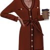 Pink Queen Women's V Neck Long Sleeve Mini Dress Elegant Button Down Open Front Color Block Knit Sweater Cardiagns with Belt