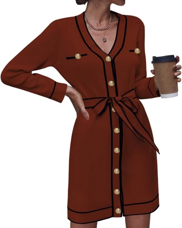 Pink Queen Women's V Neck Long Sleeve Mini Dress Elegant Button Down Open Front Color Block Knit Sweater Cardiagns with Belt