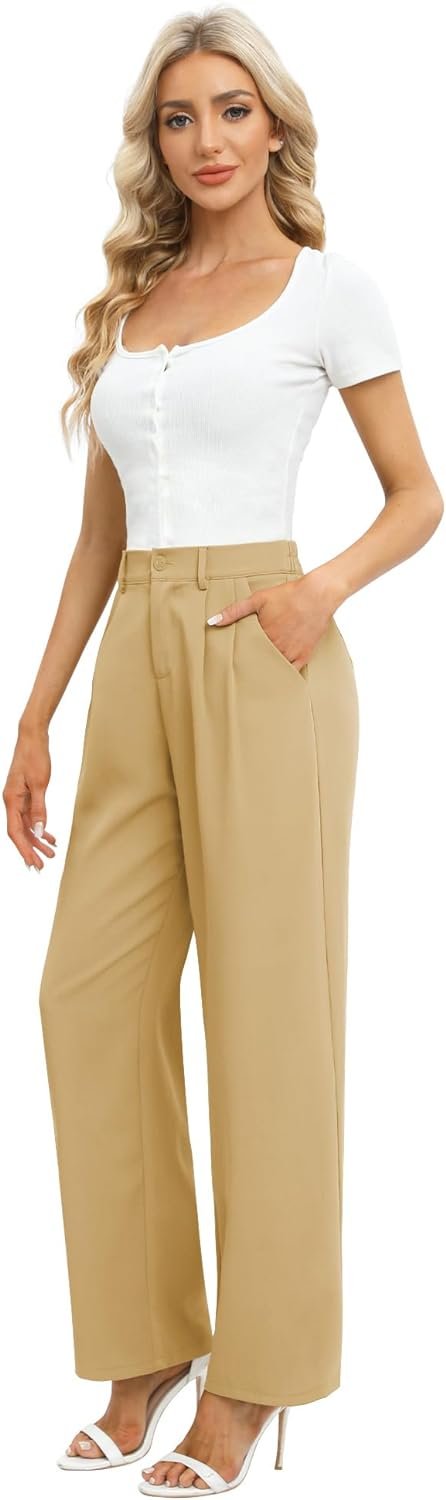 Women's Business Work Trousers High Waisted Wide Leg Pants Long Straight Suit Pants with Pocket