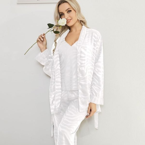 61kf8OkQfSL._AC_SL1500 Womens Silk Satin Pajama Sets,Zebra Strips Comfy Robe and Pants Women Pajamas,Silky Camisole Woman Pjs Set 3 Pieces