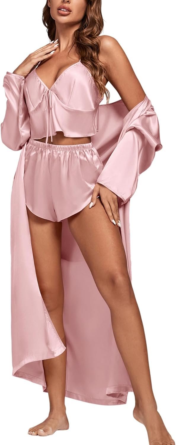 Women's 3Pcs Pajamas Satin Cami Top and Shorts with Robe Sleepwear Set