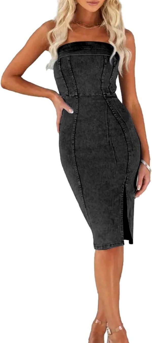 Women's Sleeveless Bodycon Denim Tank Dress Scoop Neck Zip Up Side Slit Stretchy Wrap Club Party Jean Midi Dresses