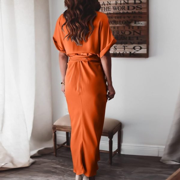 61lTDYXwtDL._AC_SL1500 Women's Short Sleeve Satin Dress Button Down with Belt Maxi Shirt Dresses