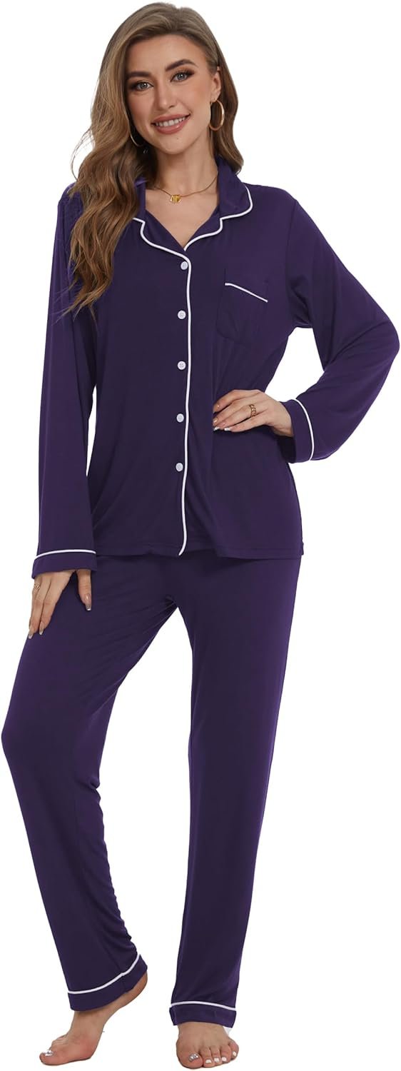 Button Up Pajamas for Women Long Sleeve Sleepwear Soft Loungewear Ladies Pjs Set XS-XXL