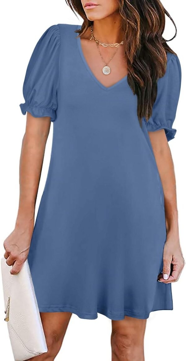 Women's Casual Dresses Puff Short Sleeve V-Neck Cocktail Dress with Pockets