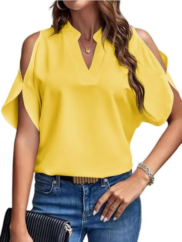 Women's Cold Shoulder Tops Summer Fashion Short Sleeve V Neck Casual Loose Solid Color Blouse Shirts