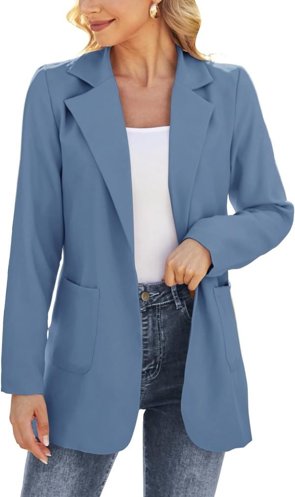 Women Open Front Blazers Long Sleeve Casual OL Office Slim Buttonless Suit Jacket with Pockets