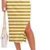Midi Pencil Basic Skirt Casual Solid Split Side Stretchy Ribbed Knit Bodycon Mid Length Skirts for Women