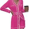 Pink Queen Women's V Neck Long Sleeve Mini Dress Elegant Button Down Open Front Color Block Knit Sweater Cardiagns with Belt