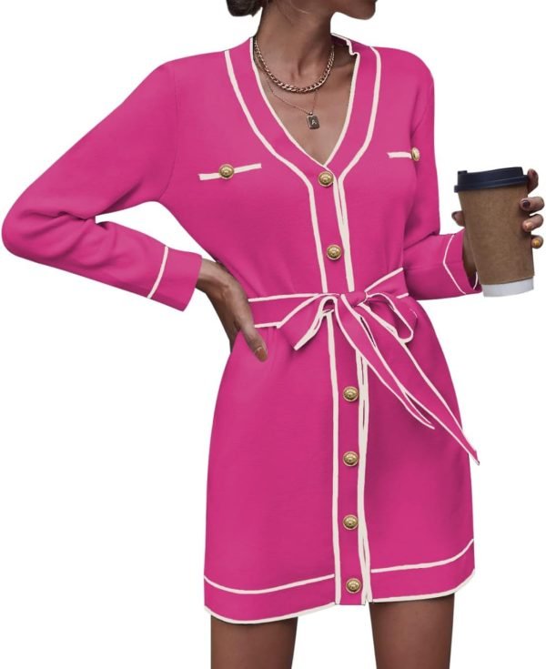 Pink Queen Women's V Neck Long Sleeve Mini Dress Elegant Button Down Open Front Color Block Knit Sweater Cardiagns with Belt