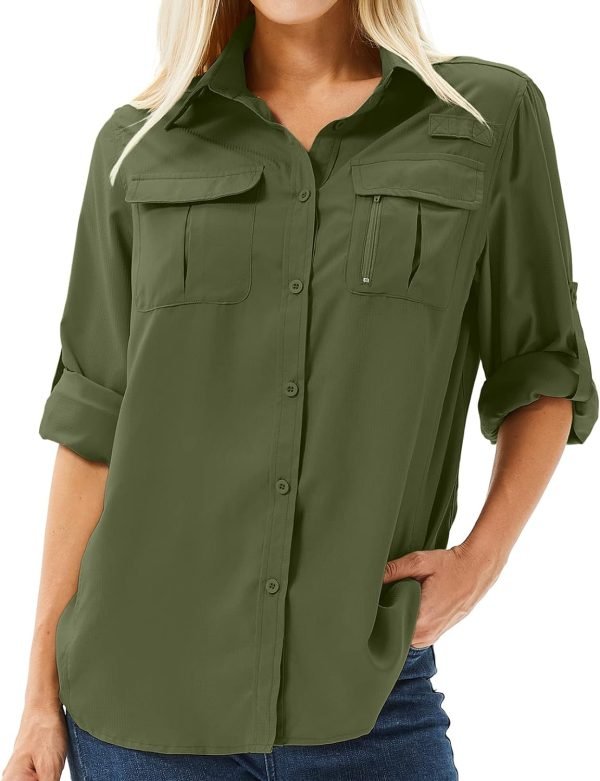 Women's UPF 50+ Long Sleeve UV Sun Protection Safari Shirt, Quick Dry SPF Hiking Fishing Breathable Shirts