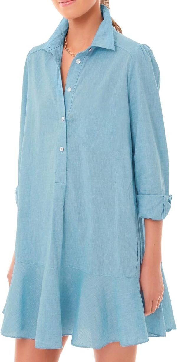 Women's Tunic Mini Shirt Dress Cotton Long Sleeve Ruffle Hem Dress Button Up Shift Chambray Dresses