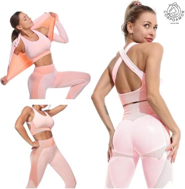 Women's 3 PC Seamless Gym Clothing Workout Outfit with Jacket Bra & Leggings Set
