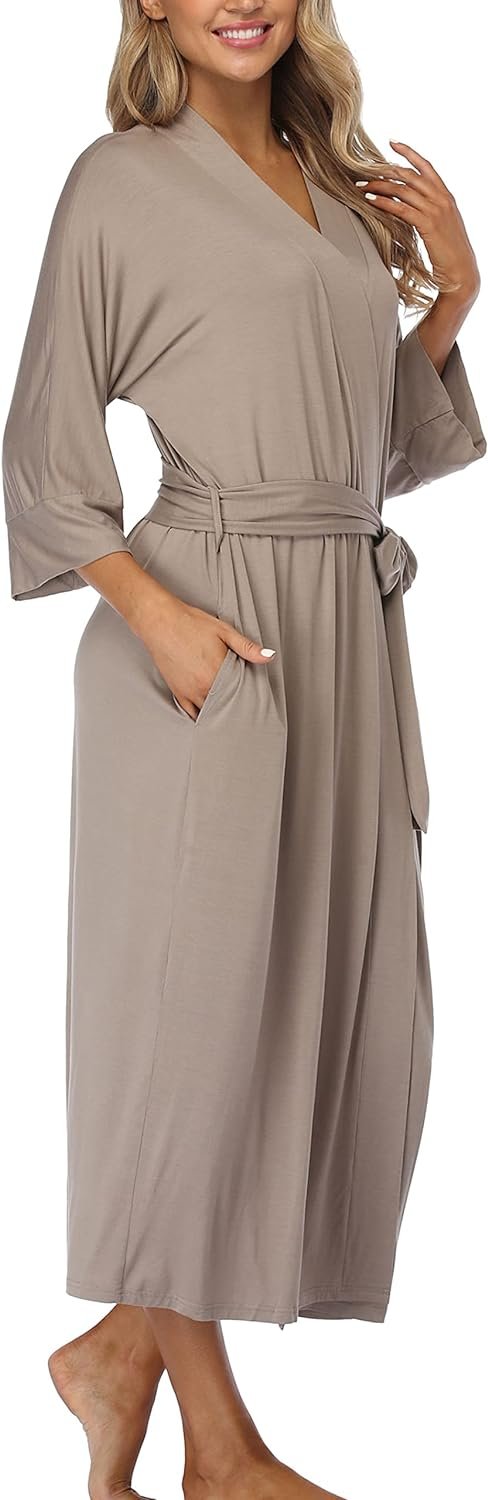 Womens Soft Long Kimono Robes Lightweight Full Length Knit Bathrobe With Pockets Ladies Casual Dressing Gown