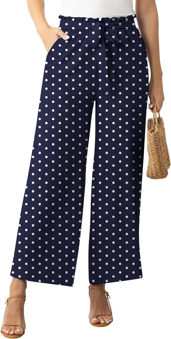 Womens Wide Leg Lounge Pants High Waisted Business Work Casual Pants Adjustable Tie Knot Loose Trousers with Pocket