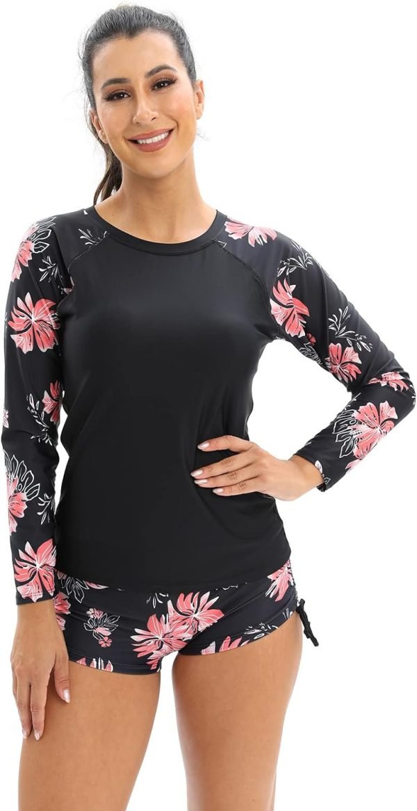 Women 2 Piece Rash Guard Long Sleeve Swimsuits Swim Shirt with Shorts Set Sun Protection UPF 50+ Surf Bathing Suits