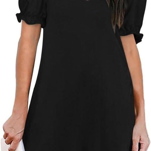 Women's Casual Dresses Puff Short Sleeve V-Neck Cocktail Dress with Pockets