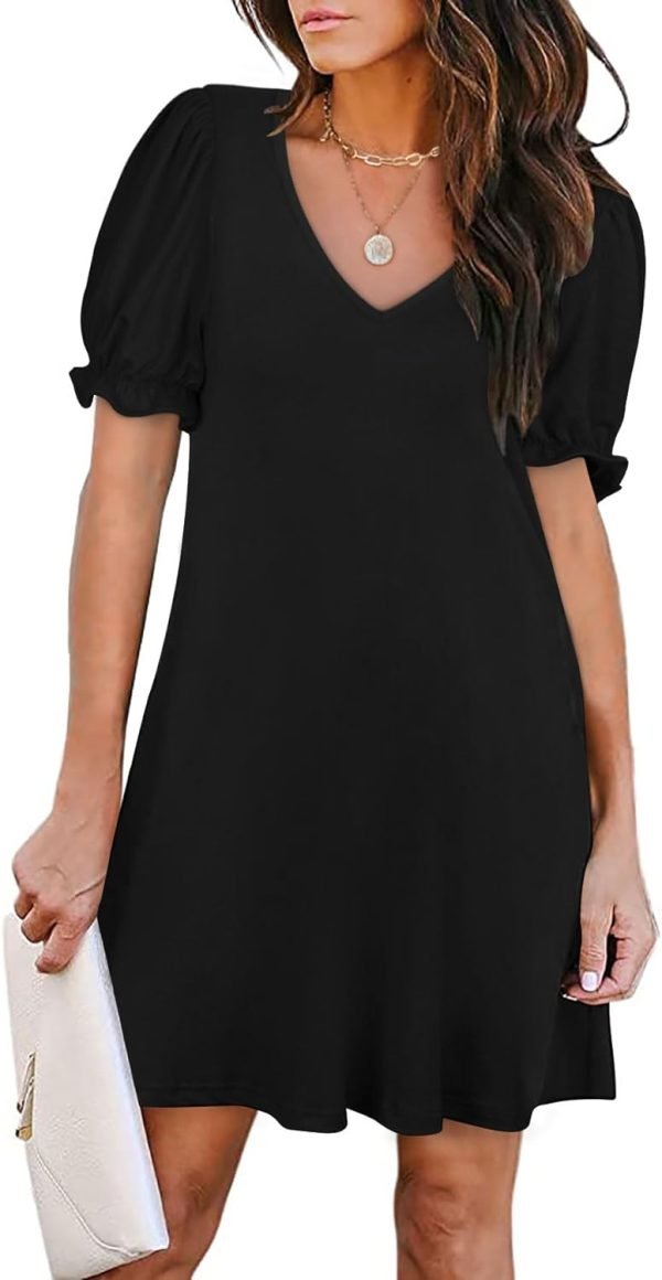 Women's Casual Dresses Puff Short Sleeve V-Neck Cocktail Dress with Pockets