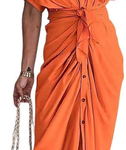 Women's Short Sleeve Satin Dress Button Down with Belt Maxi Shirt Dresses